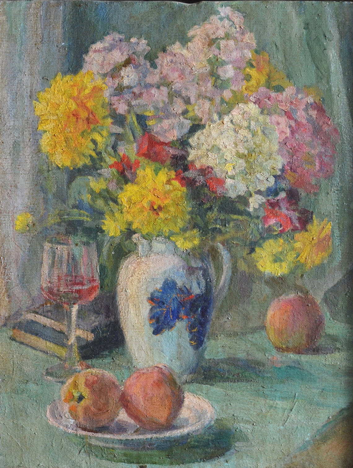 Antique Kitchen Still Life Flower Bouquet Peaches Wine Glass Print - Image 4