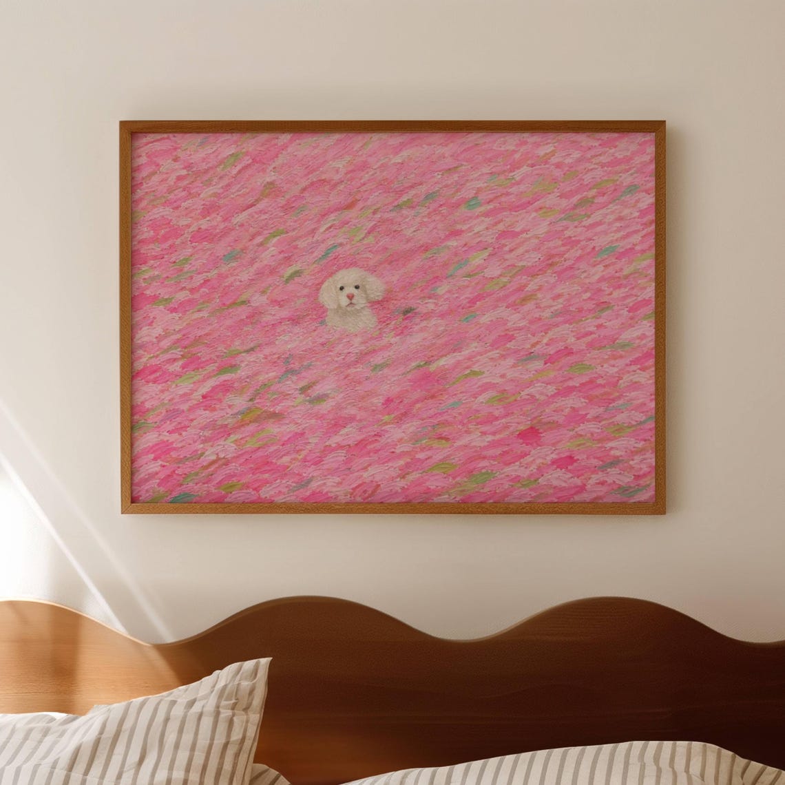 Tiny White Dog In Pink Flower Field Textured Oil Painting Art Poster