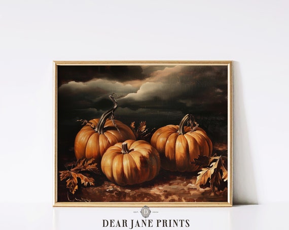 Fall Pumpkins Autumn Art Print Wall Art Painting Fall Decor Orange Pumpkins Moody Skies Vintage Print