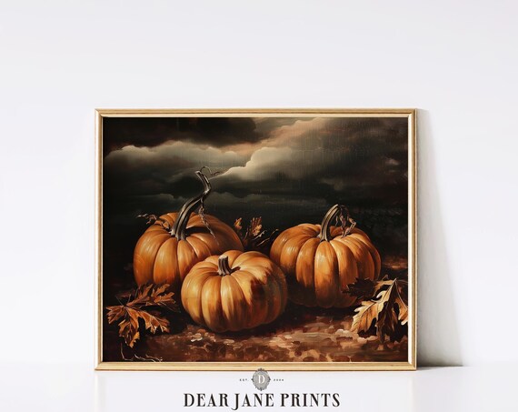 Three Orange Pumpkins Autumn Night Sky Vintage Fall Harvest Poster