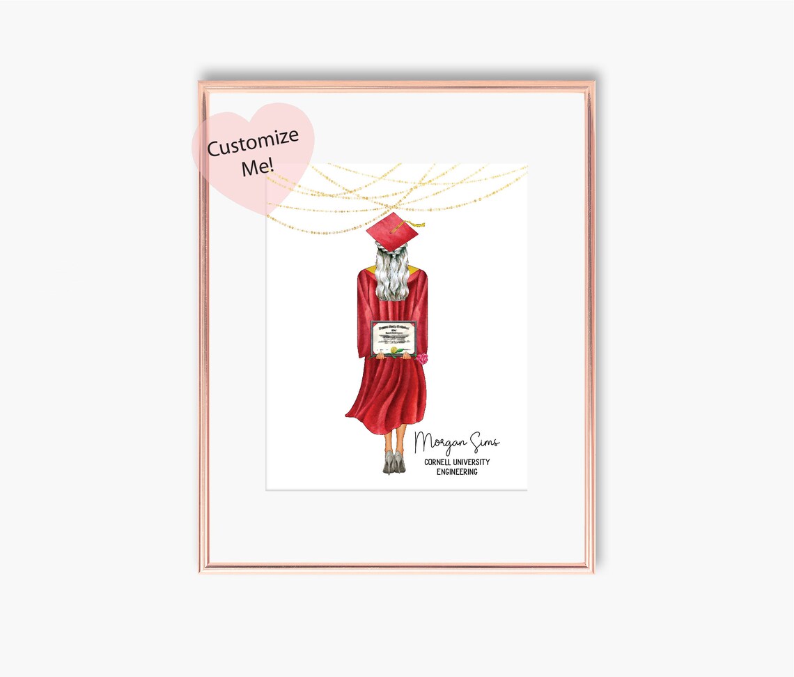 Red Cap and Gown Graduation Poster Custom Name Watercolor Graduate Art