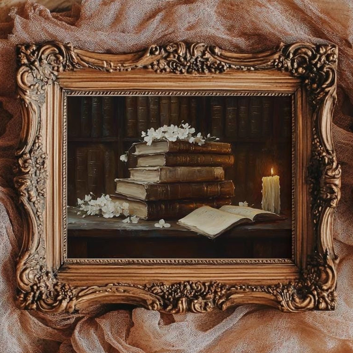 Stack of Old Books With Blossoms and Lit Candle Library Poster