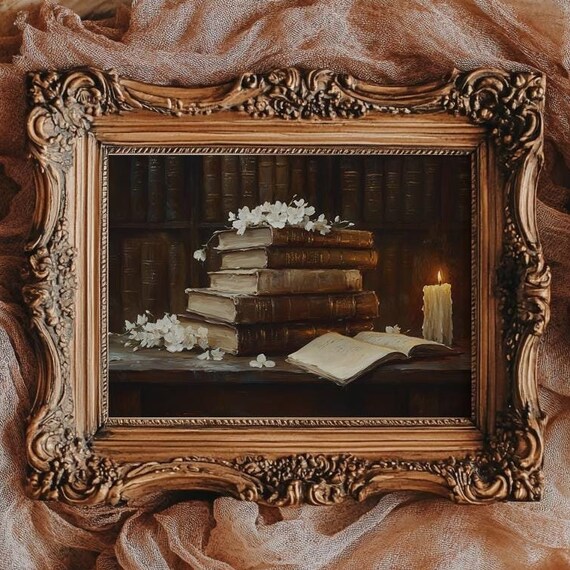 Stack of Old Books With Blossoms and Lit Candle Library Poster