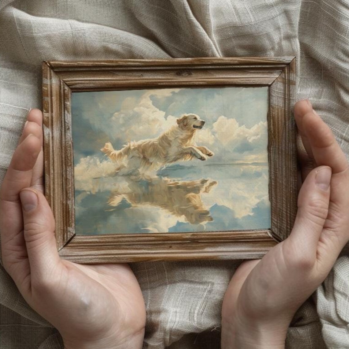 Golden Retriever Running Through Clouds Dreamlike Painting Poster