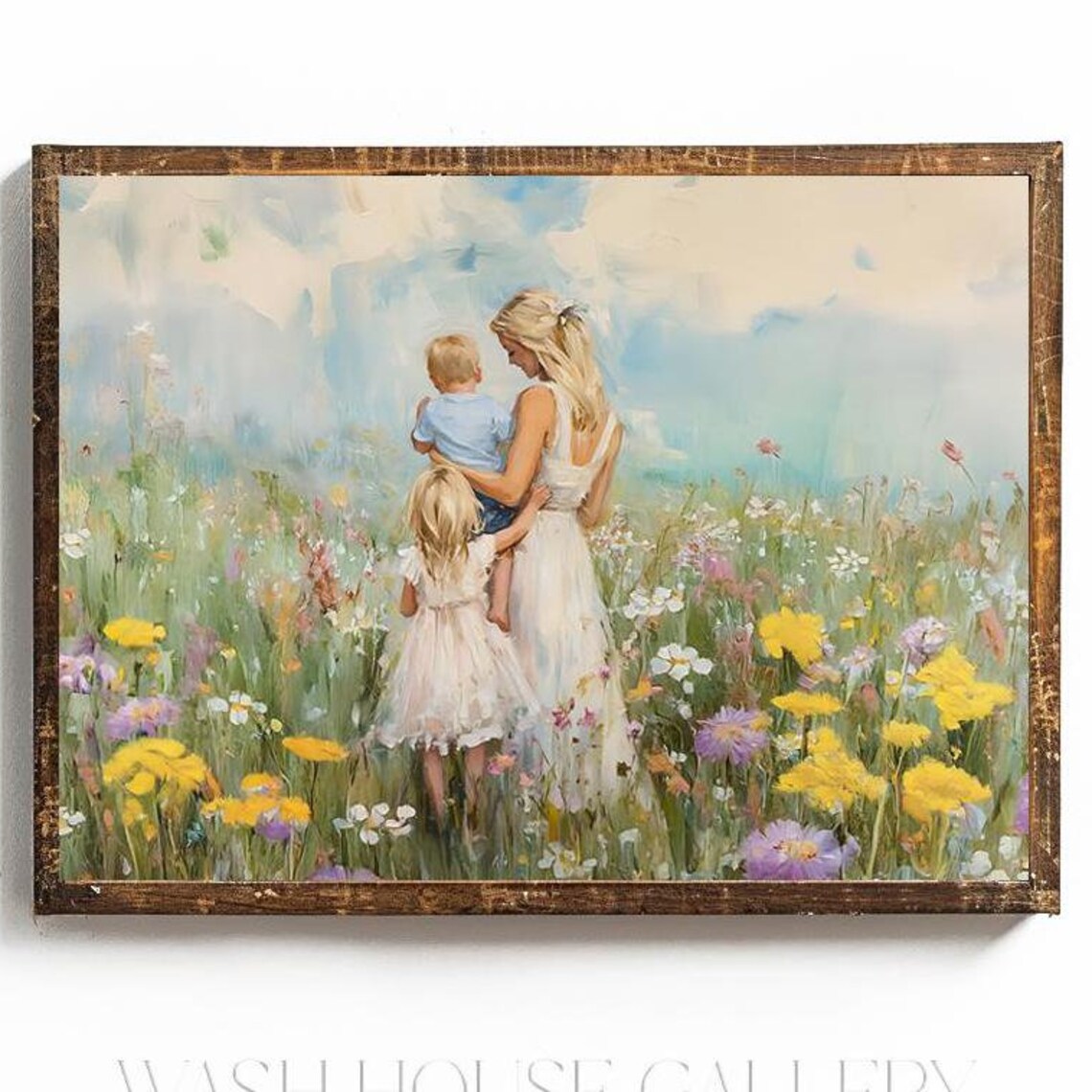 Mother with Two Children Standing in a Wildflower Meadow Poster