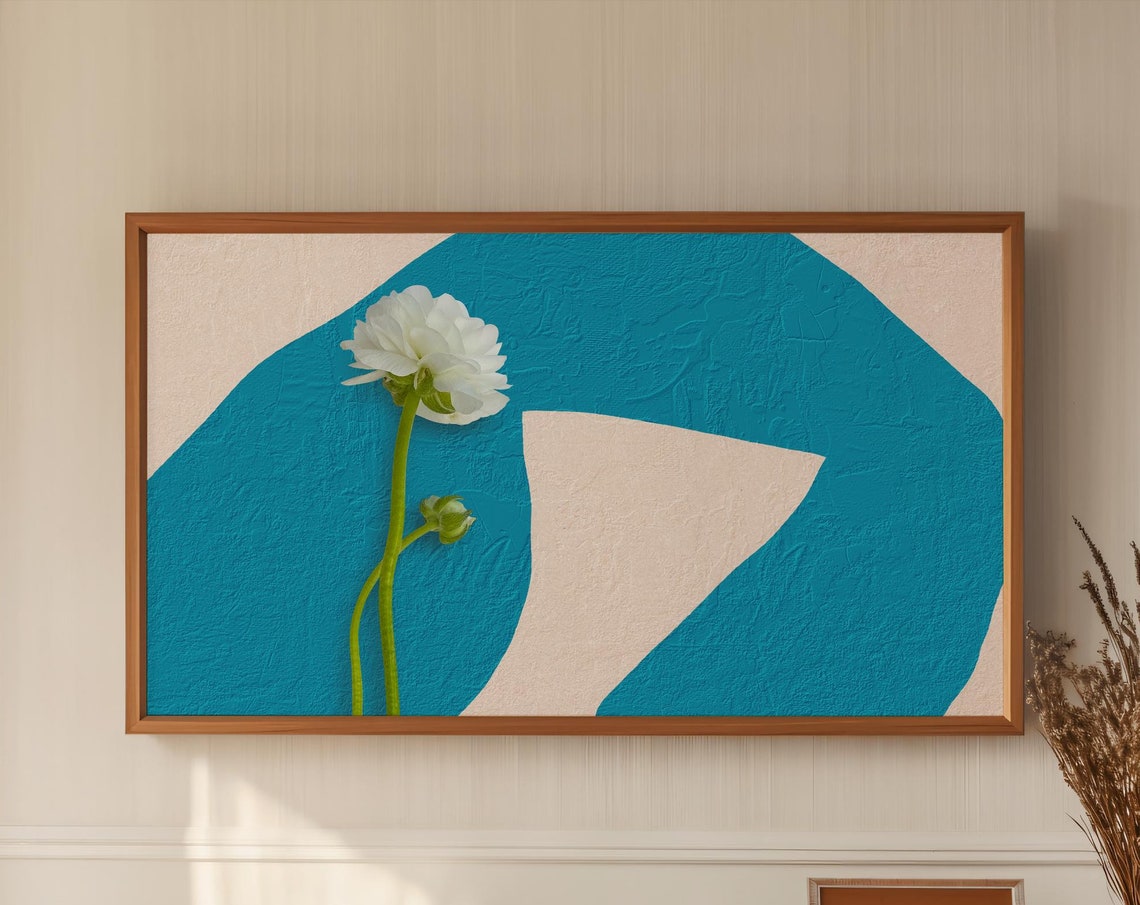 White Ranunculus Flower Teal Abstract Minimalist Botanical Poster - Image 3