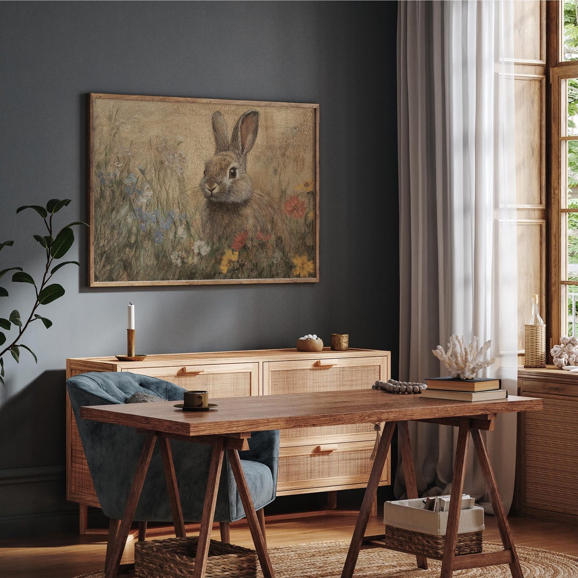 Vintage Easter Bunny In Wildflower Meadow Print Cute Rabbit Painting Wall Art Neutral Bunny Spring Decor Beige Prints - Image 3