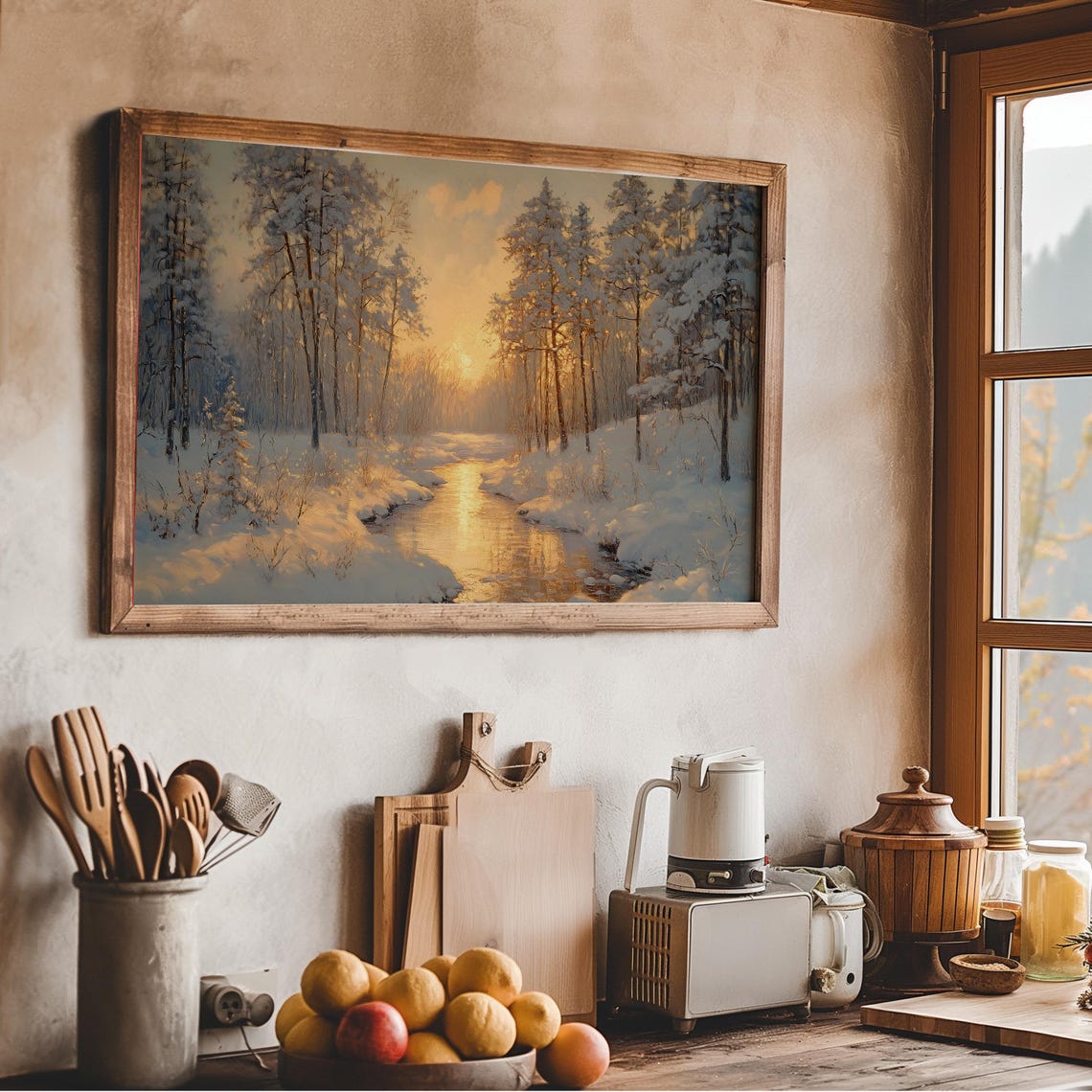 Snowy Forest Stream Golden Sunset Winter Landscape Frame TV Art Poster - Image 4