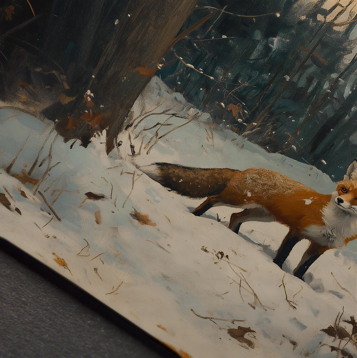 Red Fox Standing In Snowy Woodland Vintage Oil Painting Rustic Wildlife Print - Image 4