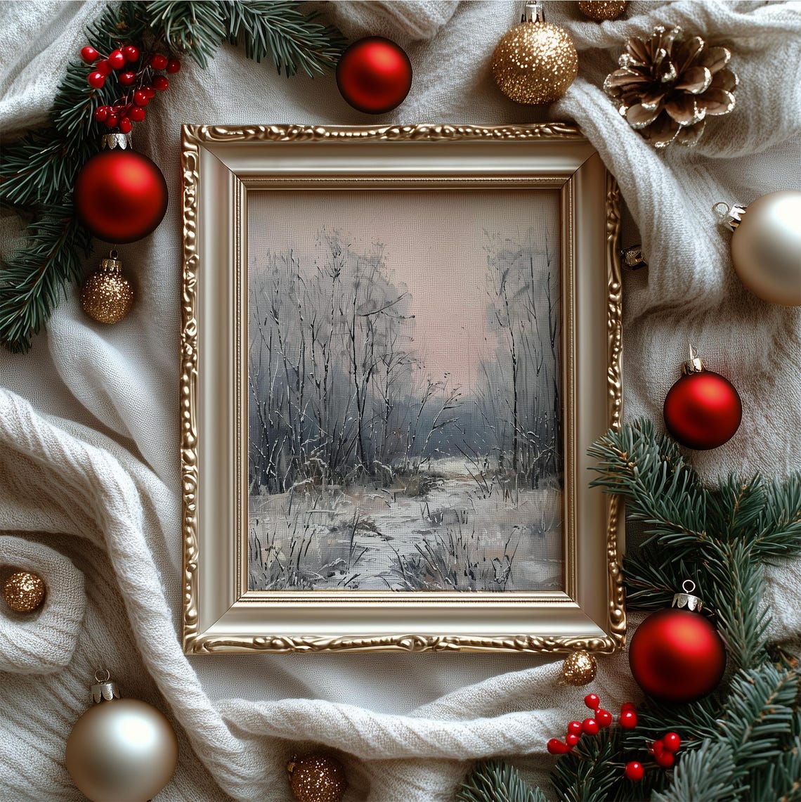 Soft Pastel Winter Forest Blush Sky Snowy Path Vintage Painting Poster - Image 4