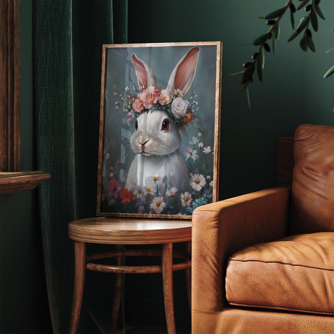 Vintage Cute Easter Bunny Print Floral White Rabbit Painting Wall Art Spring Botanical Nursery Decor Flower Prints - Image 3