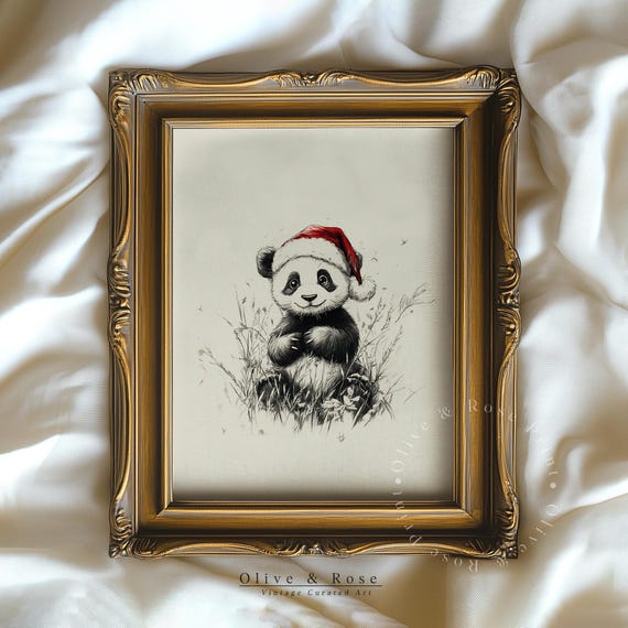Cute Baby Panda With Santa Hat Sketch Neutral Christmas Nursery Wall Decor Vintage Winter Wall Art Panda Drawing Prints