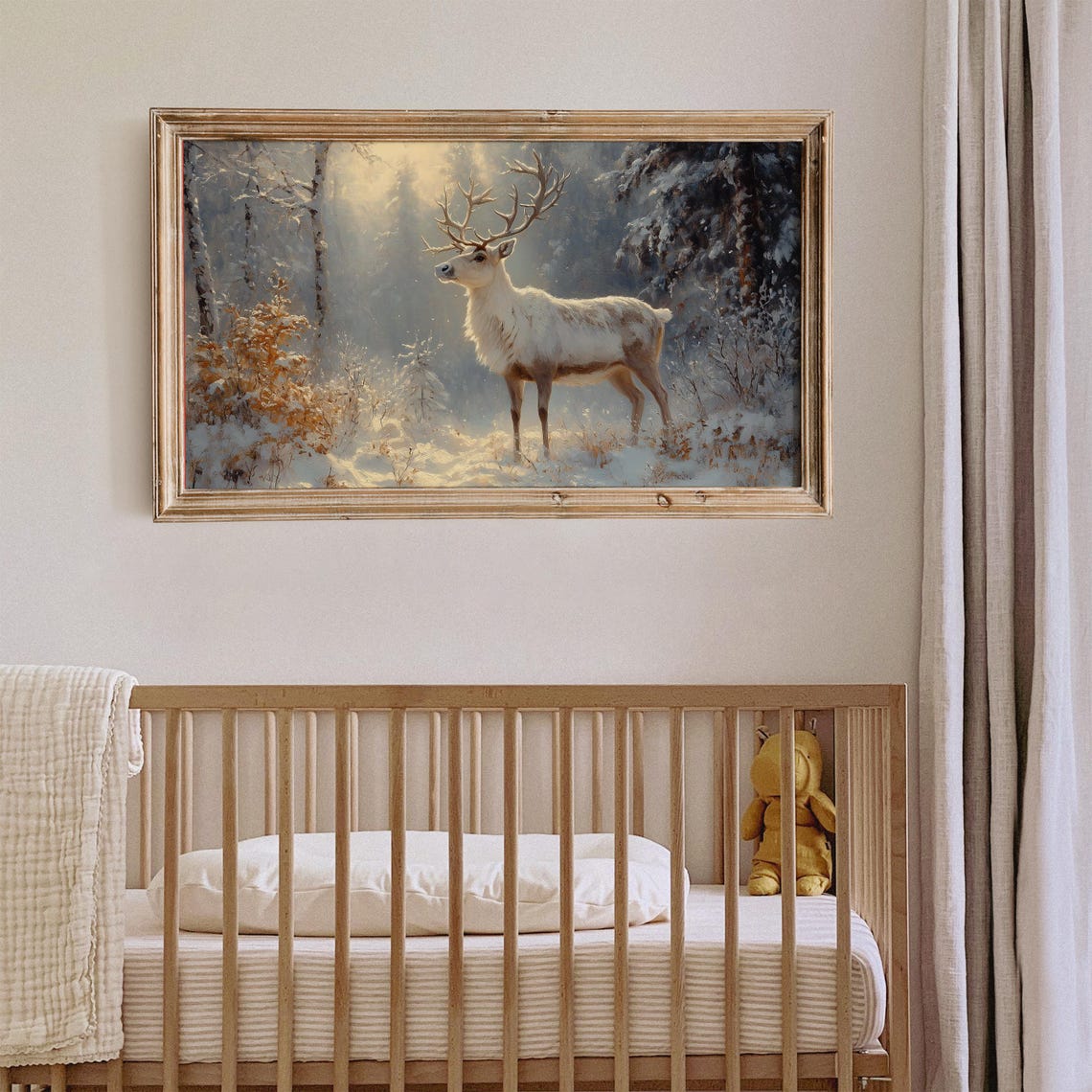 Vintage Reindeer In Snow Frame Tv Art Deer Oil Painting Winter Frame Tv Art Country Farmhouse Screensaver Woodland Animal - Image 2