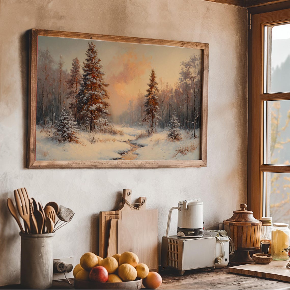 Winter Pine Forest Sunset Stream Snowy Landscape Frame TV Art Poster - Image 3