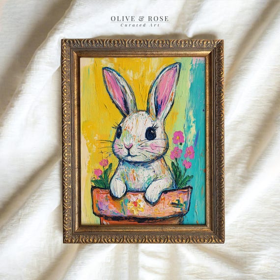 Colorful Easter Bunny In Pot Print Cute Vibrant Rabbit Painting Wall Art Spring Nursey Pastel Decor Floral Prints