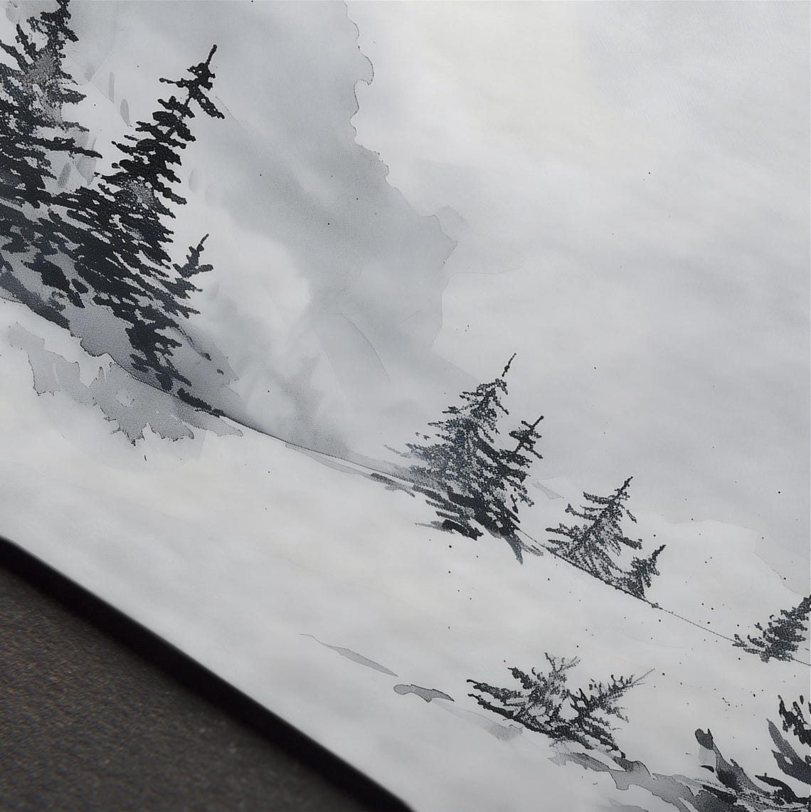 Monochrome Pine Forest Misty Snowy Hillside Watercolor Art Poster - Image 5