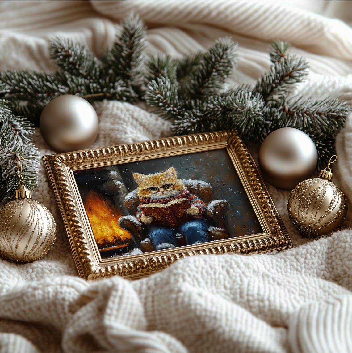Funny Kitten Reading Book Christmas Wall Decor Cute Cat Painting Print Vintage Xmas Nursery Art Prints - Image 4