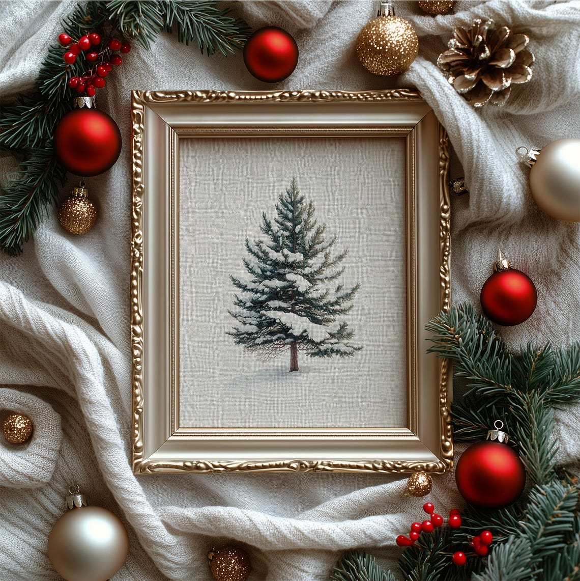 Snowy Evergreen Pine Tree Minimalist Christmas Winter Botanical Poster - Image 5