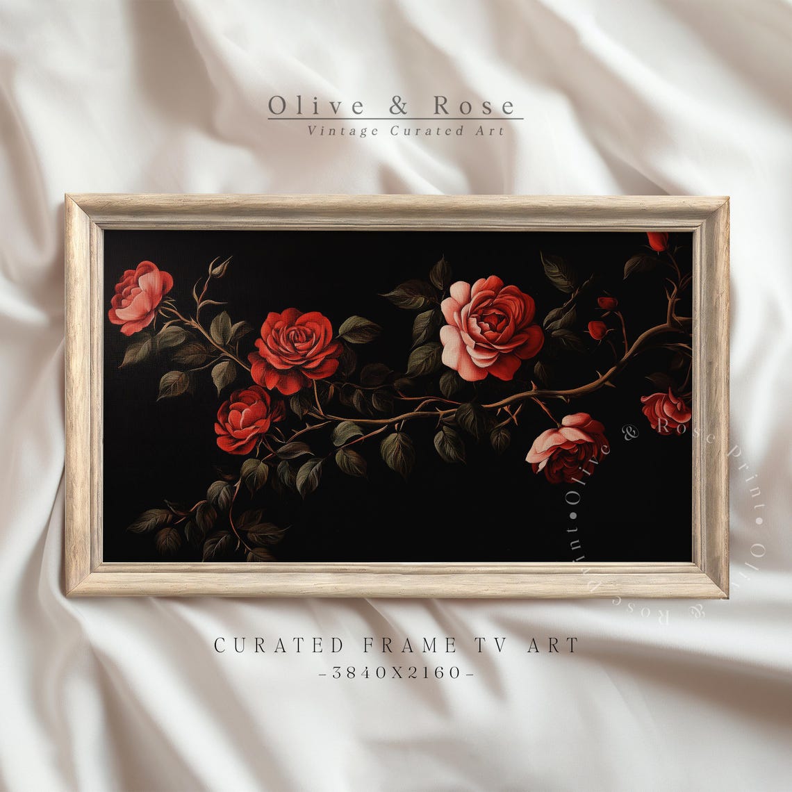 Dramatic Red Roses Garland Black Background Vintage Floral Art Poster