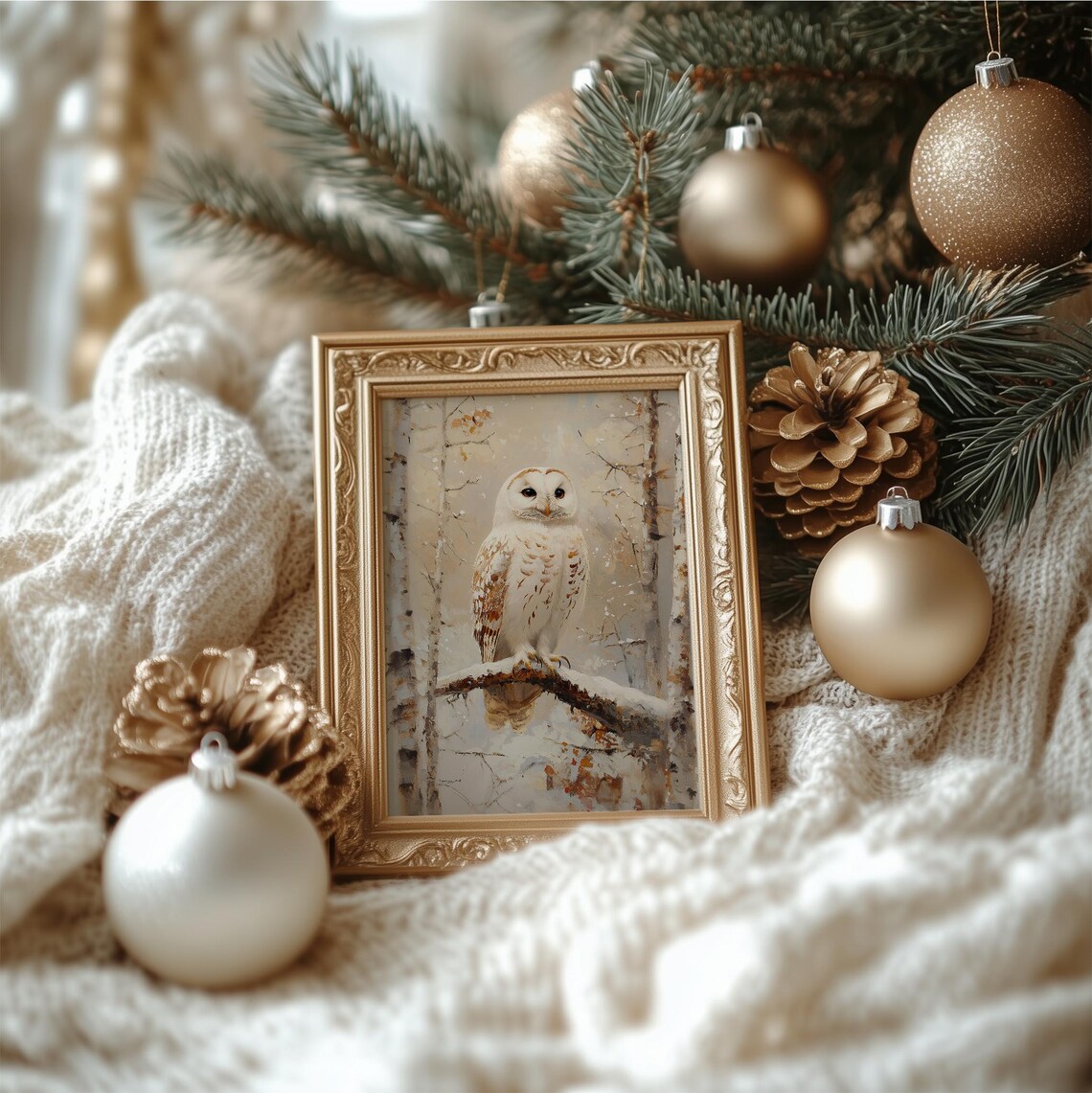 White Snowy Owl Winter Birch Forest Oil Painting Rustic Wall Art Poster - Image 4