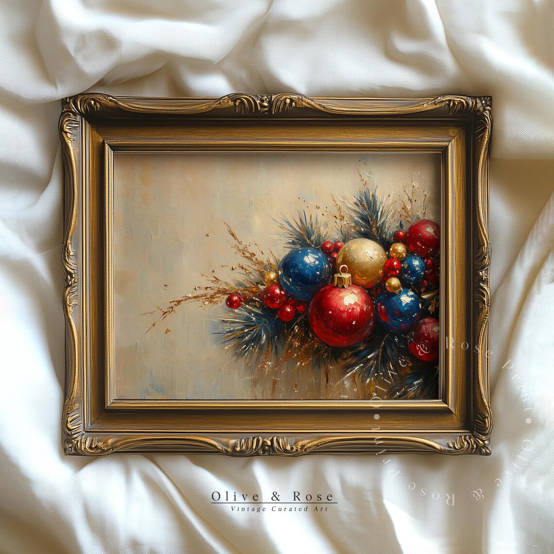 Vintage Christmas Baubles Oil Painting Pine Sprigs Holiday Art Poster
