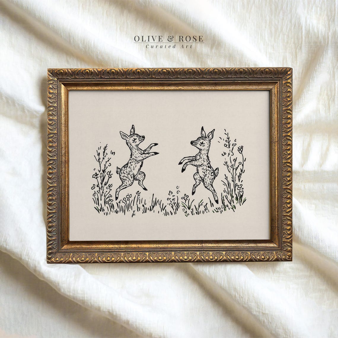 Two Dancing Deer Vintage Ink Line Drawing Wildflowers Nursery Poster