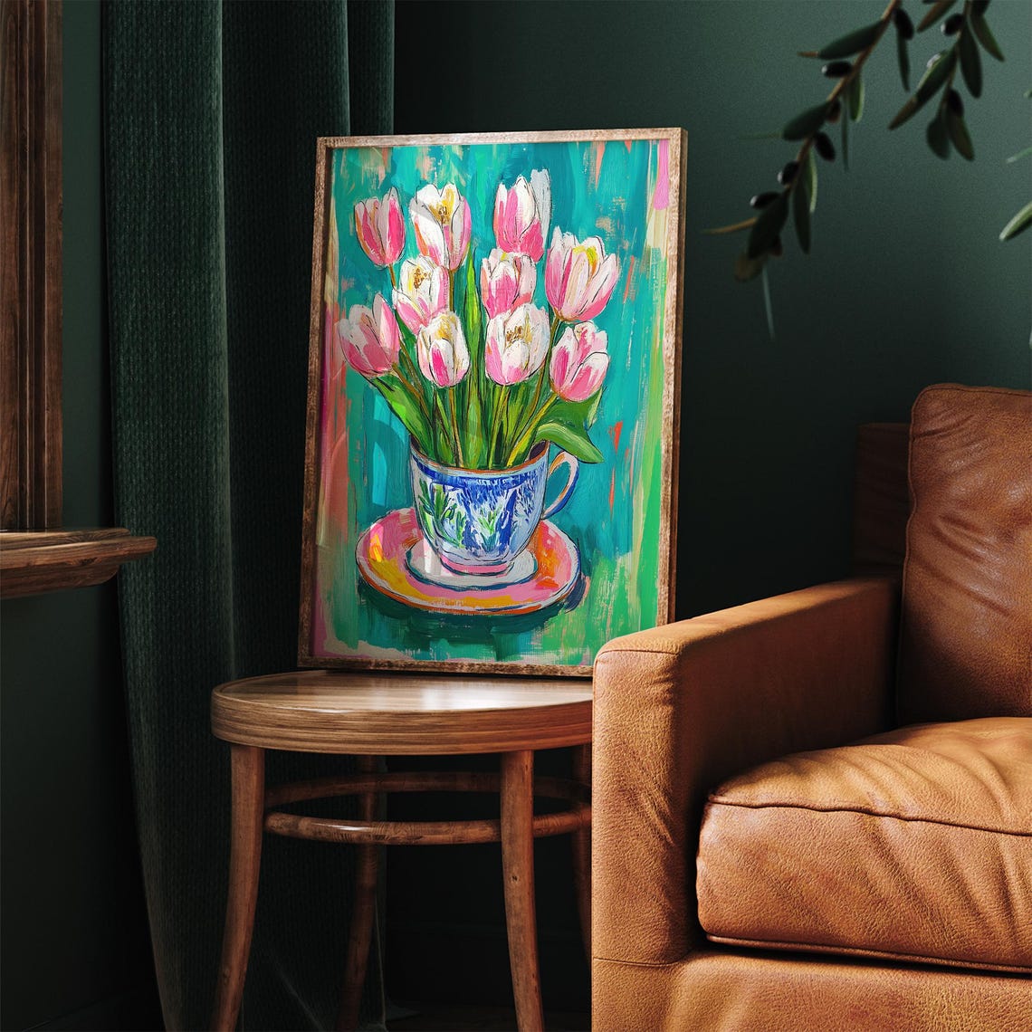 Pink Tulips In Teacup Colorful Expressionist Oil Floral Spring Poster - Image 2