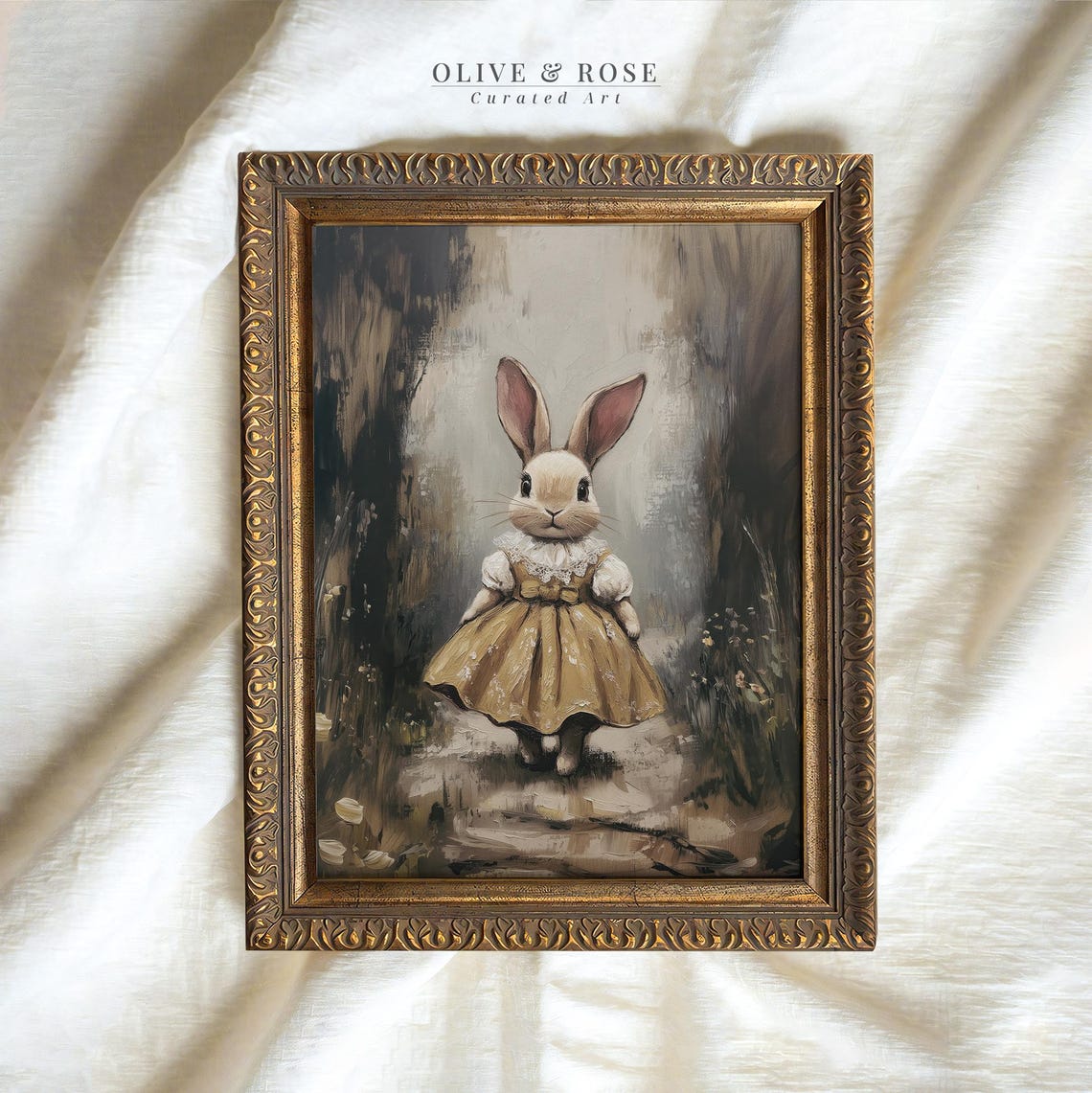 Bunny in Mustard Yellow Dress Forest Vintage Woodland Nursery Wall Art