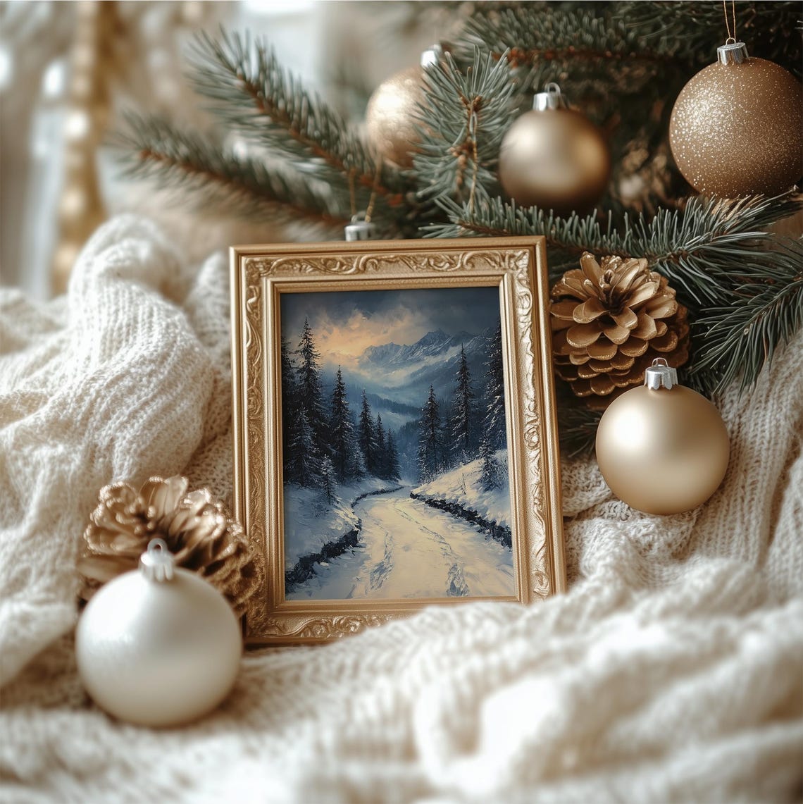 Snowy Mountain Road Dusk Pine Forest Moody Winter Landscape Art Poster - Image 4