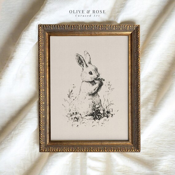 Bunny Nibbling Vintage Ink Sketch Neutral Woodland Nursery Poster
