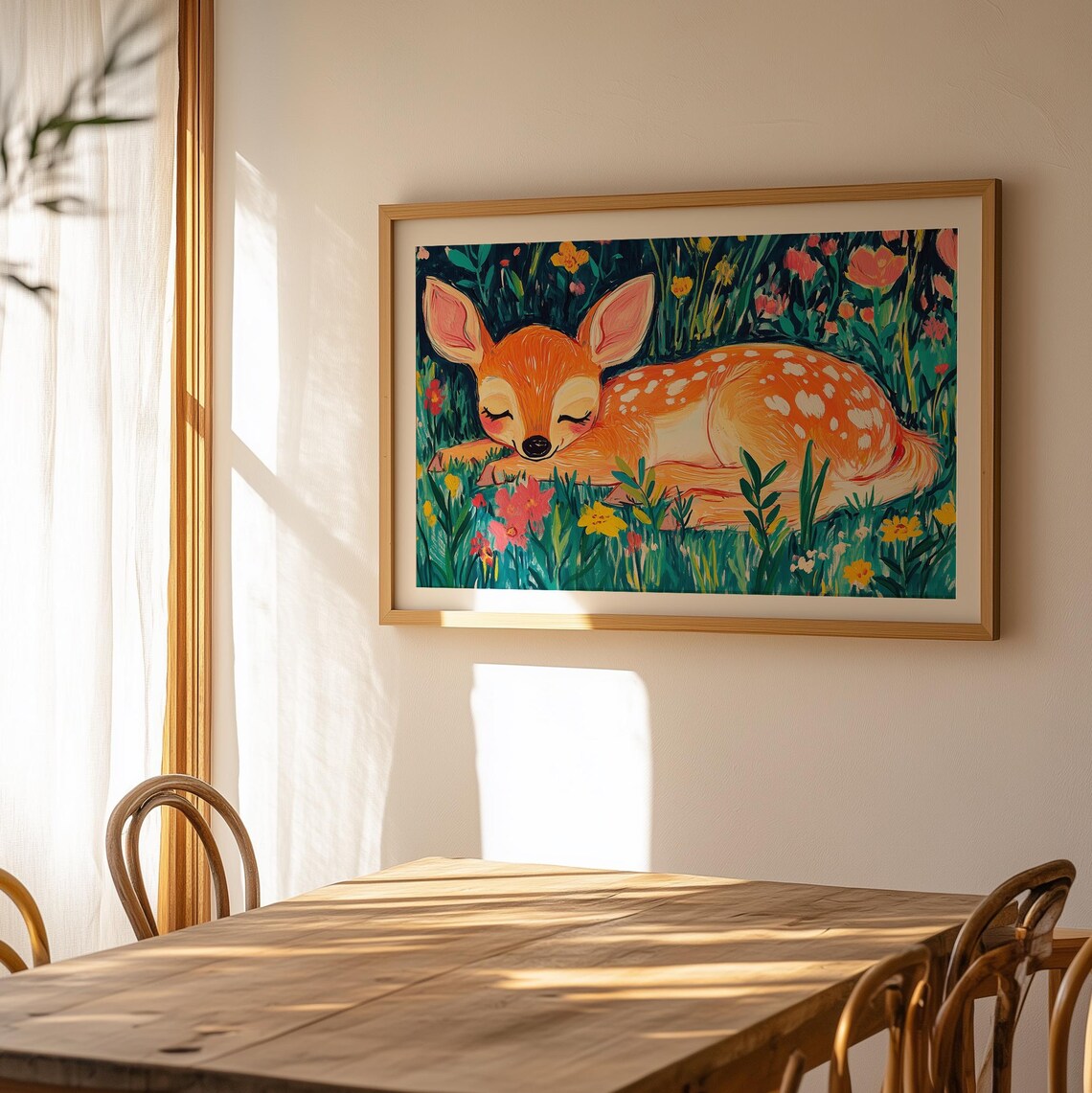 Sleeping Fawn in Wildflower Meadow Vibrant Woodland Nursery Wall Art - Image 3