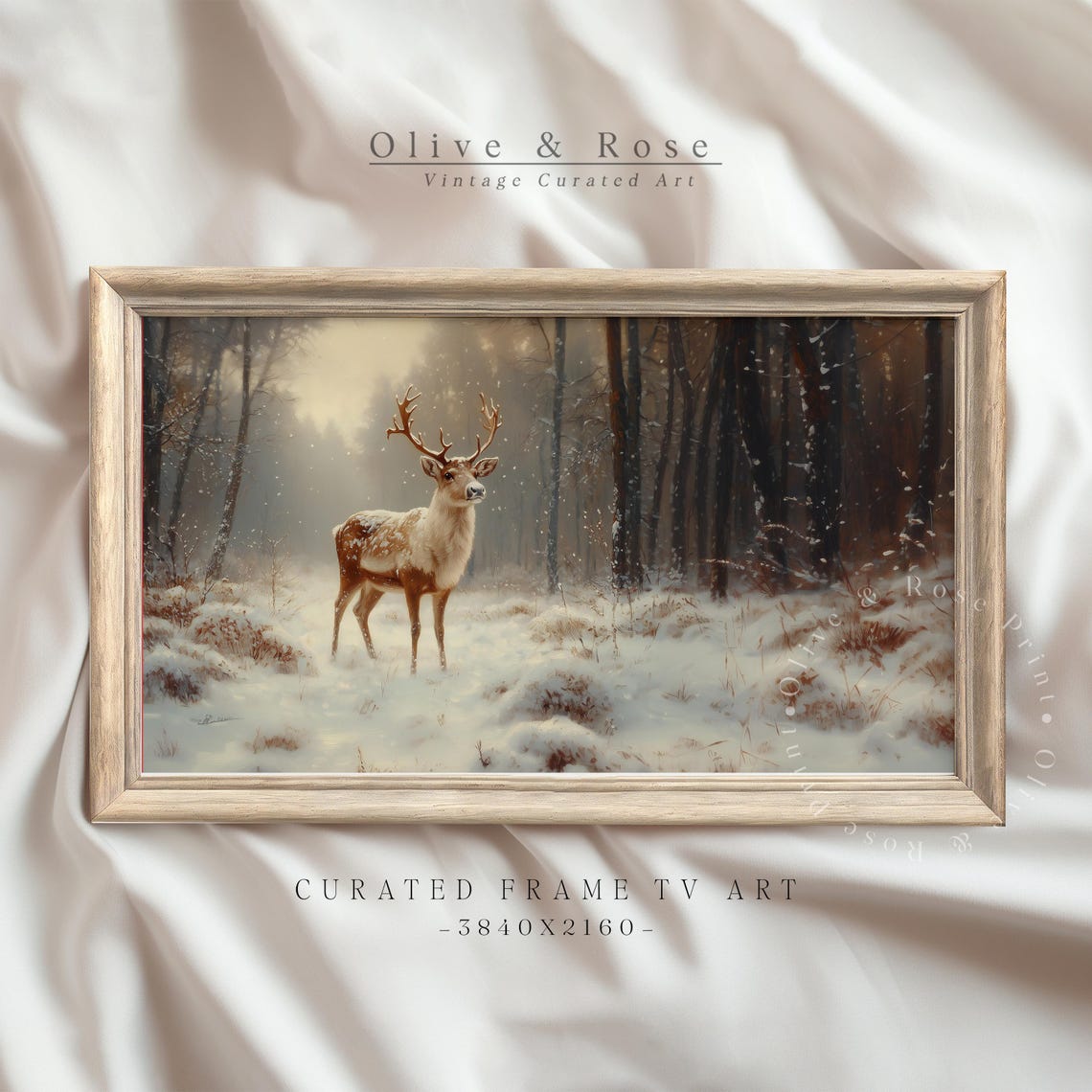 Vintage Reindeer In Snow Frame Tv Art Deer Oil Painting Winter Frame Tv Art Country Farmhouse Screensaver Woodland Animal