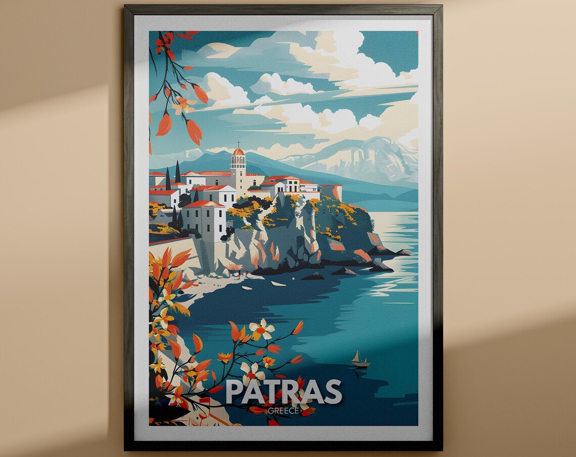 Patras Greece Cliffside Old Town Aegean Vintage Travel Poster