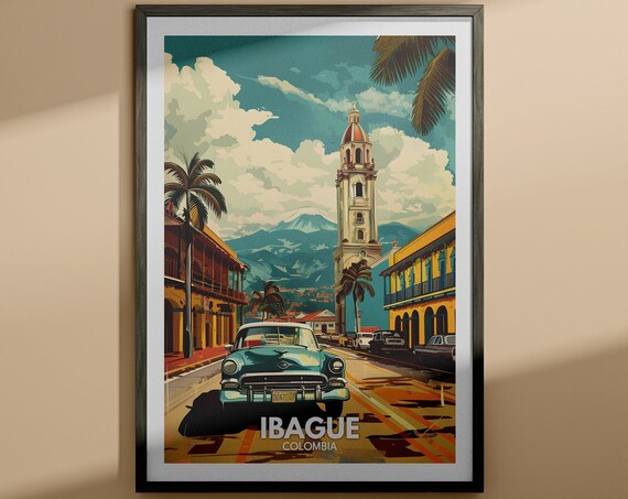 Ibague Colombia Classic Car Street Church Tower Mountain Travel Poster