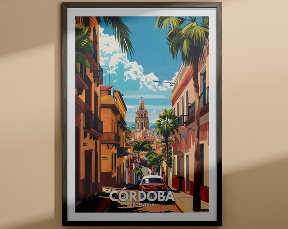 Cordoba Argentina Palm Street Cathedral Vintage Car Travel Poster