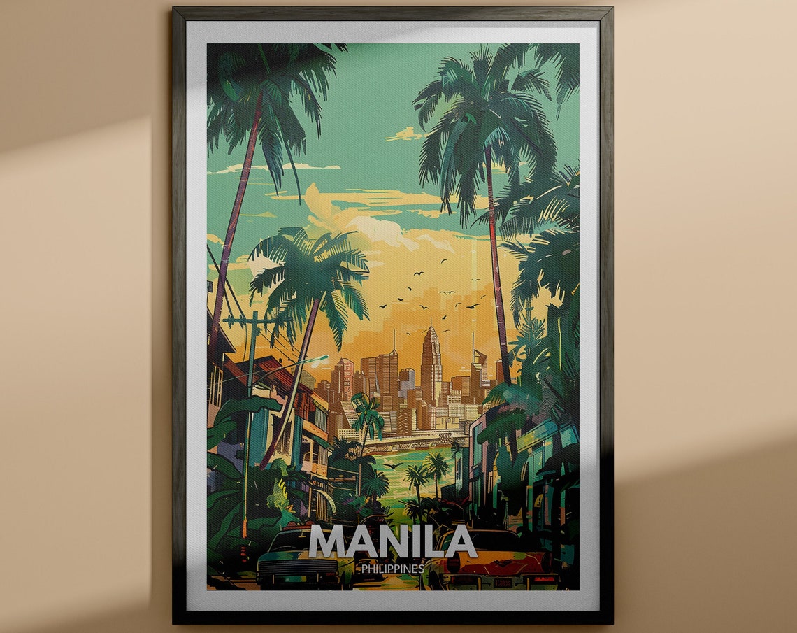 Manila Philippines Skyline Palm Trees Sunset Street Travel Poster