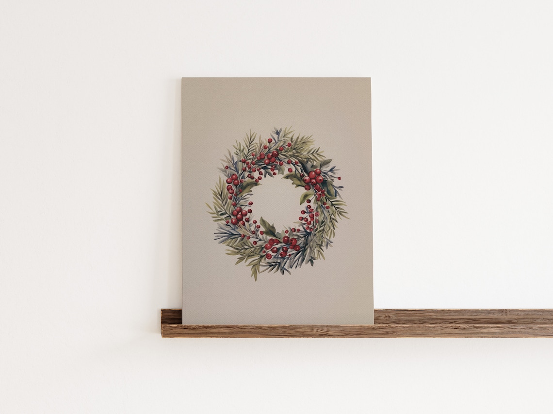 Christmas Wreath Vintage Drawing, Festive Decor Art Print