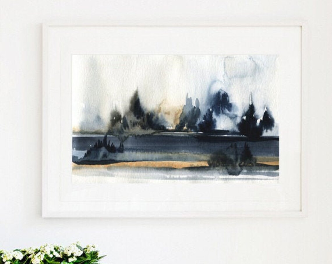 Abstract Watercolor Forest Horizon Navy Gold Misty Tree Line Wall Art - Image 3