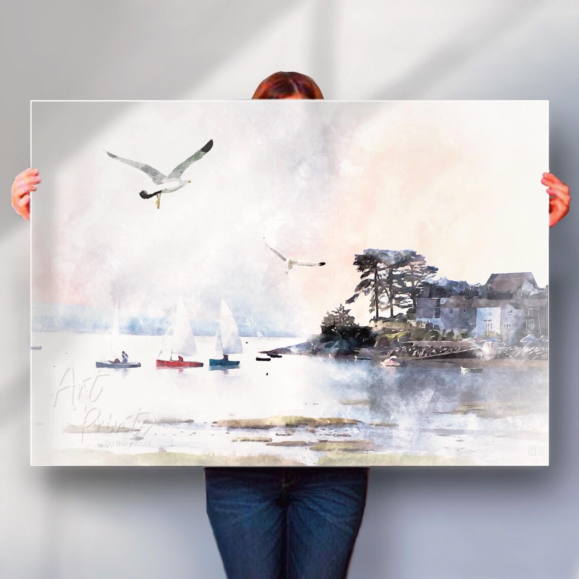 Porthmadog North Wales Sailboats Seagulls Coastal Watercolour Poster
