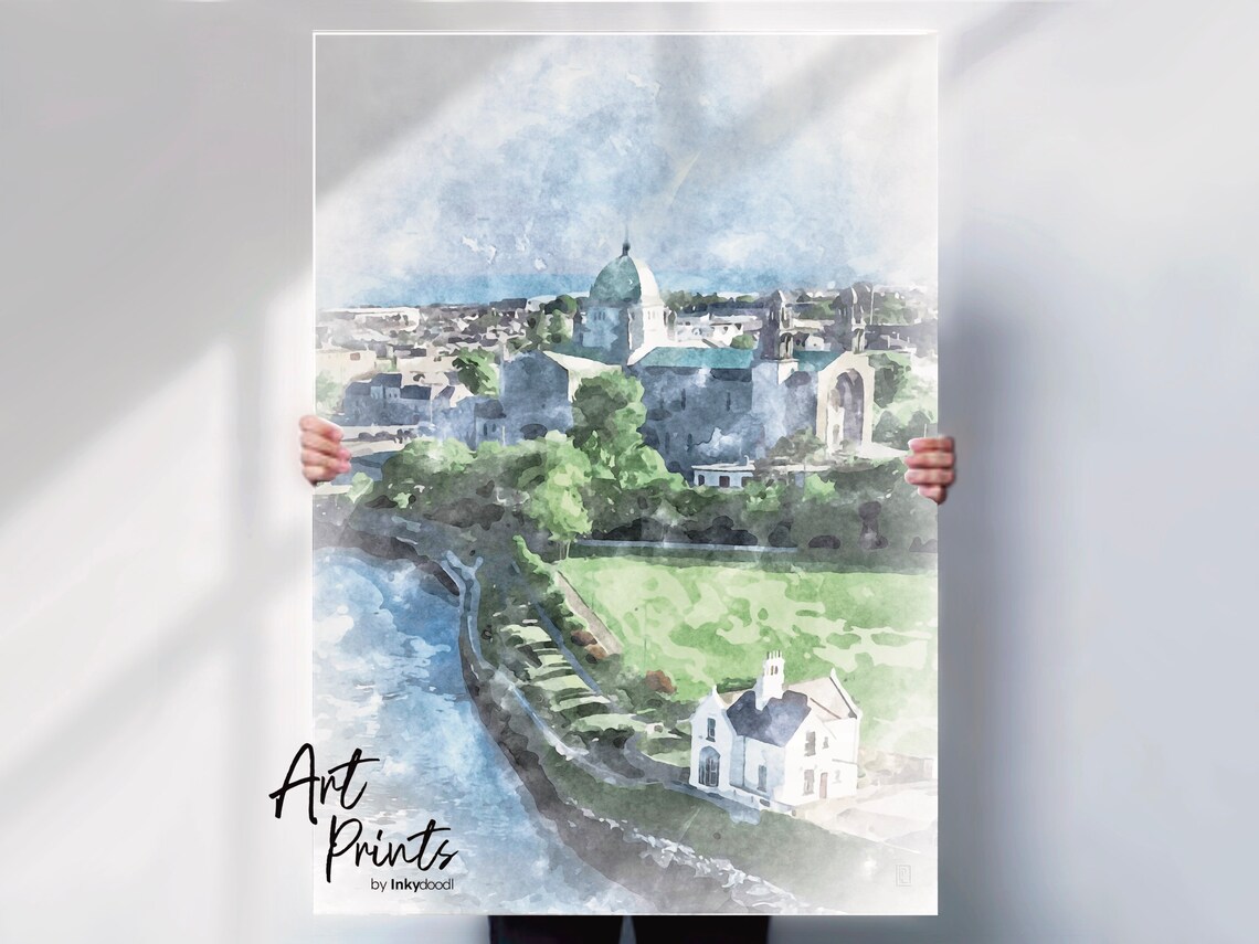 Galway Cathedral Ireland River Corrib Dome Watercolor Landmark Poster