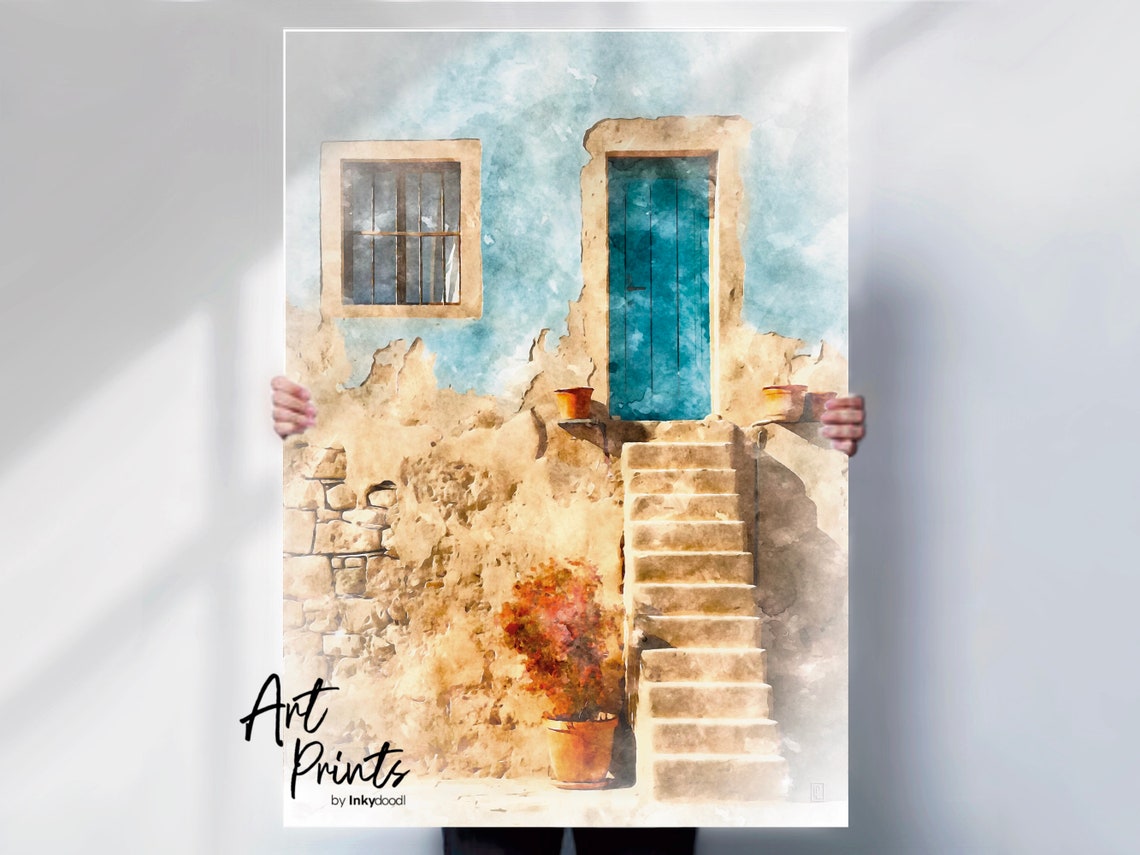 Rustic Blue Mediterranean Door Stone Steps Terracotta Pots Poster