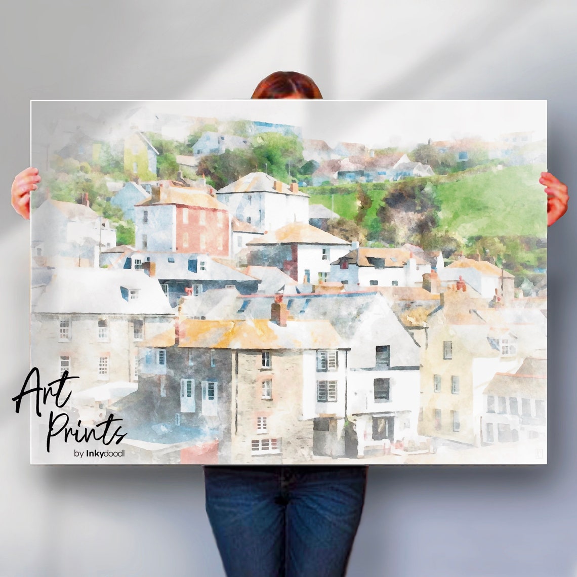 Port Isaac Cornwall Fishing Village Houses Hillside Watercolour Poster