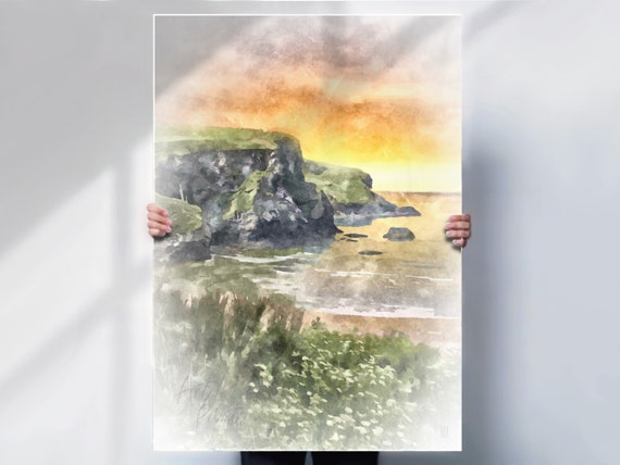 Mawgan Porth Sunset Watercolour Style Print Cornwall Art Poster Or Print Option
