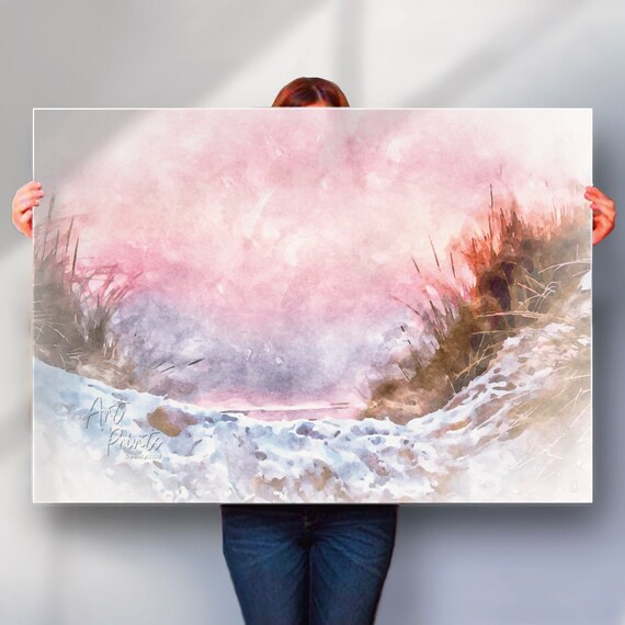 Coastal Path Pink Sky Shoreline Watercolor Abstract Seaside Dawn Poster