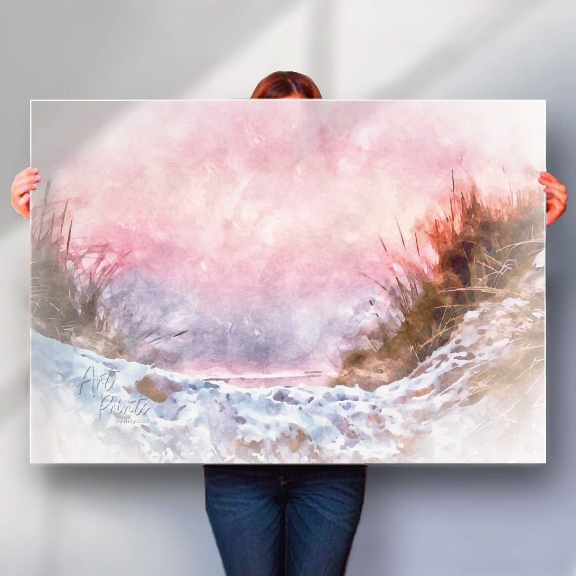 Coastal Path Pink Sky Shoreline Watercolor Abstract Seaside Dawn Poster
