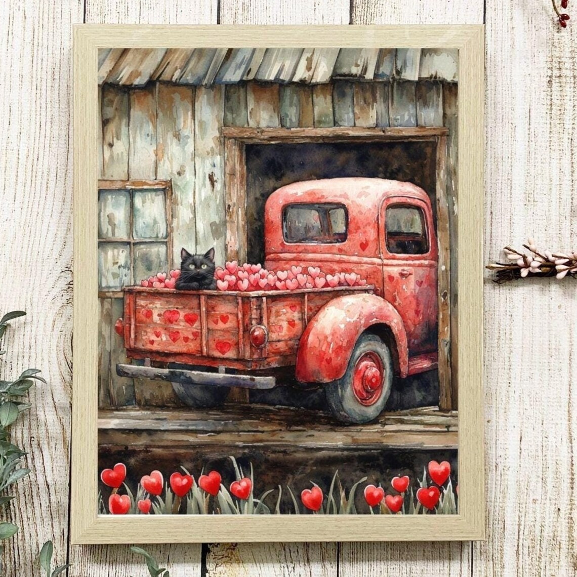 Black Cat in a Vintage Truck Full of Valentine Hearts Poster
