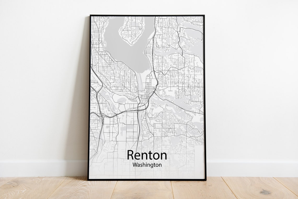 Renton Washington Elegant Monochrome City Street Map Poster House Gift