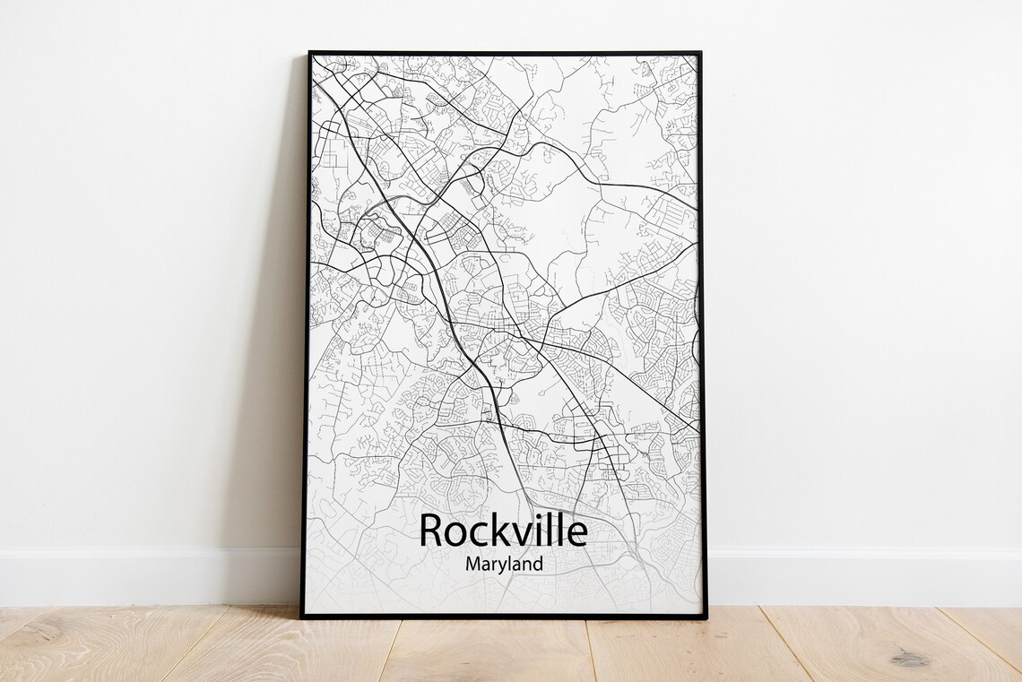 Rockville Maryland Minimalist Black and White City Street Map Poster