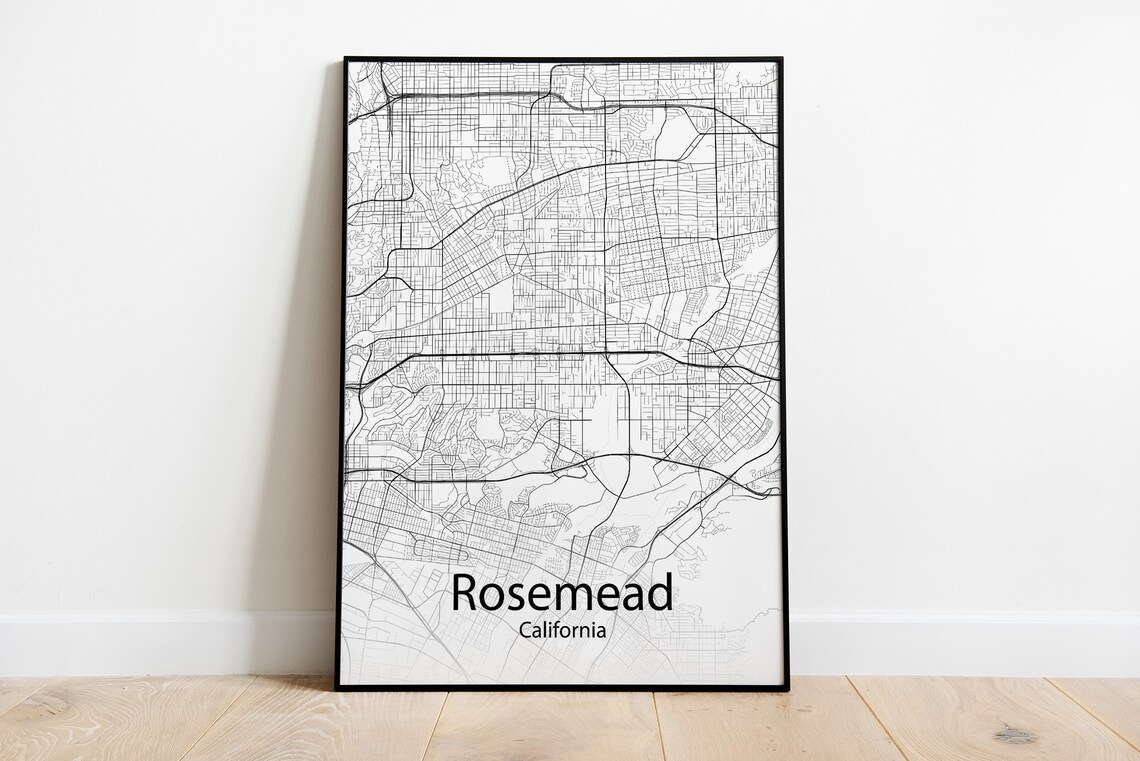 Rosemead California Minimalist Black and White City Street Map Poster