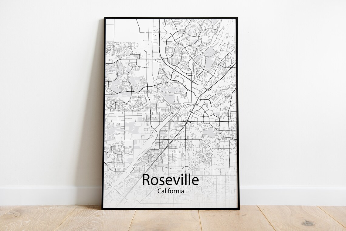 Roseville California Minimalist Black and White City Street Map Poster